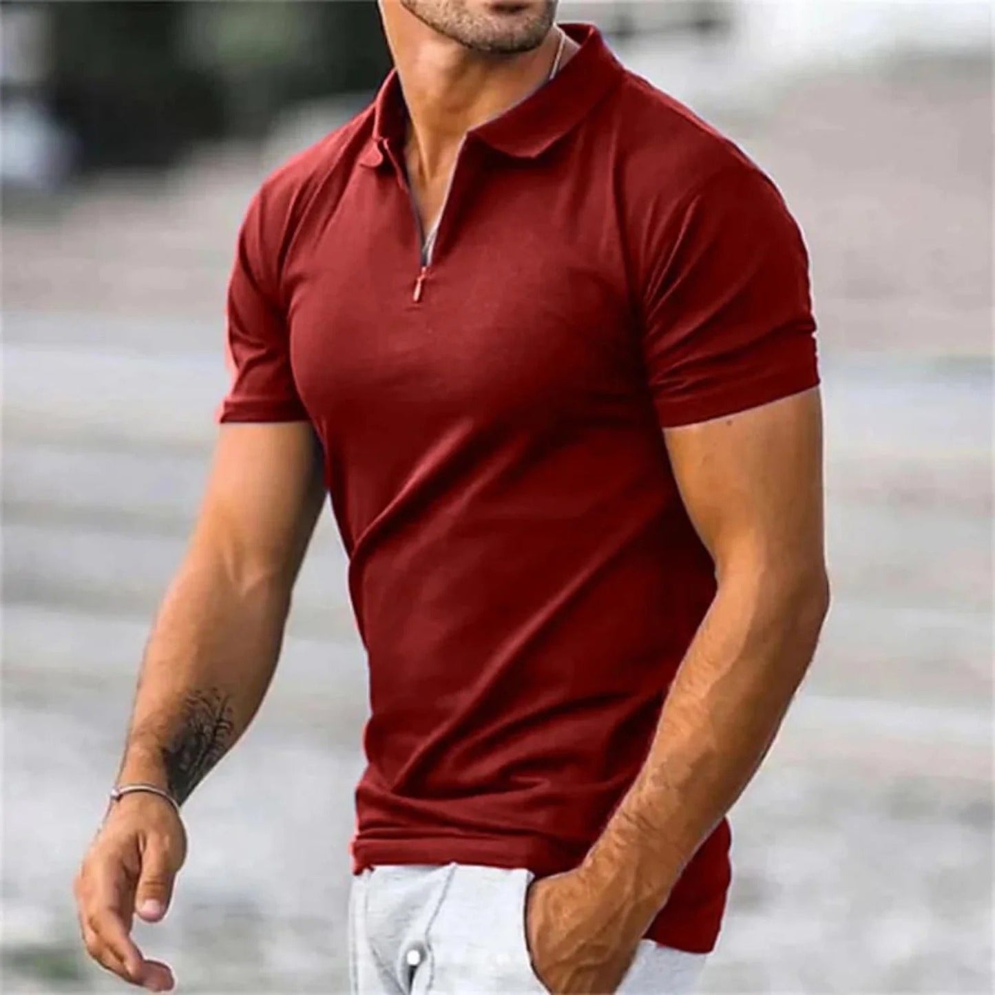 Men's Polo T-Shirts with Round Collar and Half Zip - Konrad