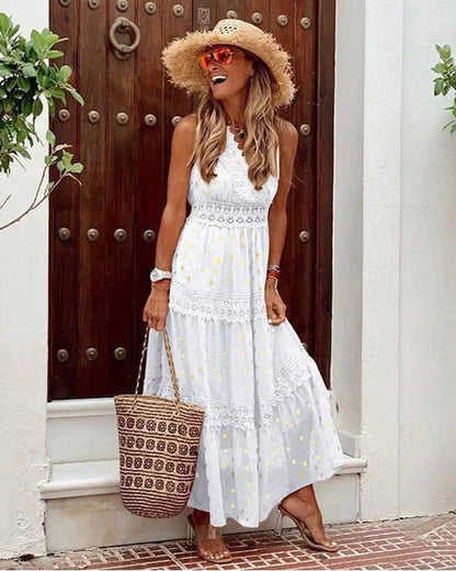 Long Maxi Dress with Print and V-Neck