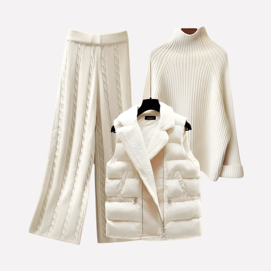 Suéter de cuello alto para mujer, pantalones y chaleco forrado