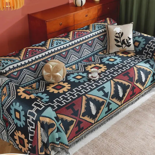 Funda para sofá con patrón geométrico, estilo bohemio y borlas