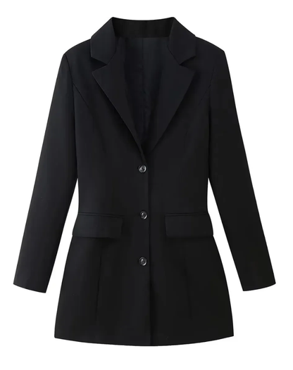 Jara – Black Tailored Mini Blazer Dress with Lapels and Flap Pockets
