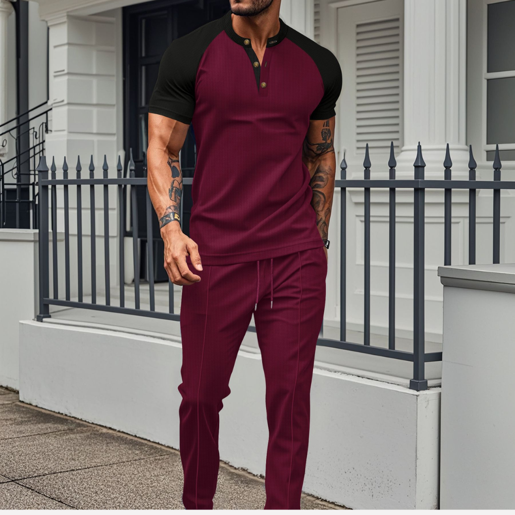 Men's Button-Up Shirt and Waffle Long Trouser Lounge Set