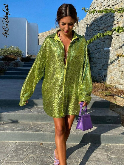 Ladies' Festive Oversized Blouse with Sequins and Collar