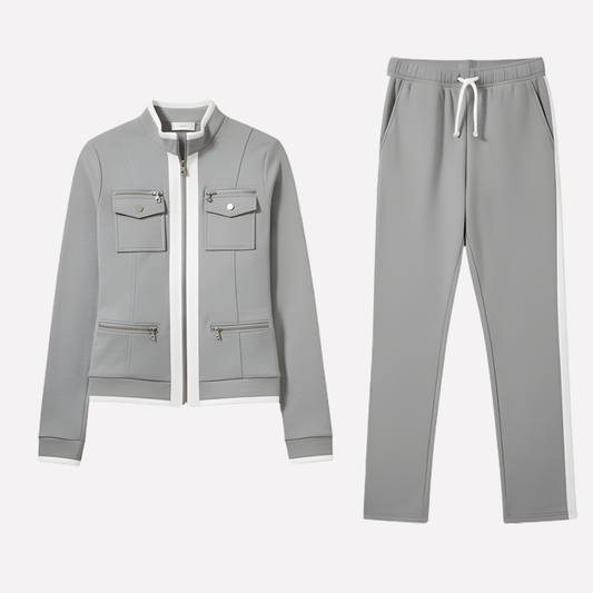 Conjunto de chaqueta con cremallera y pantalones para mujer – Estilo con ribete en contraste