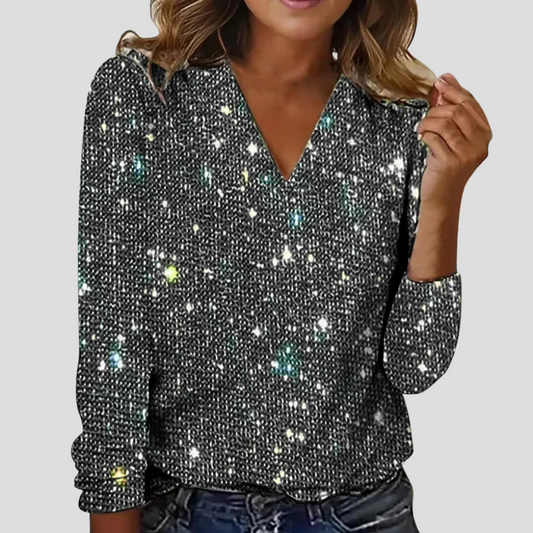 Elegante V-Ausschnitt-Glitzerbluse mit langen Ärmeln