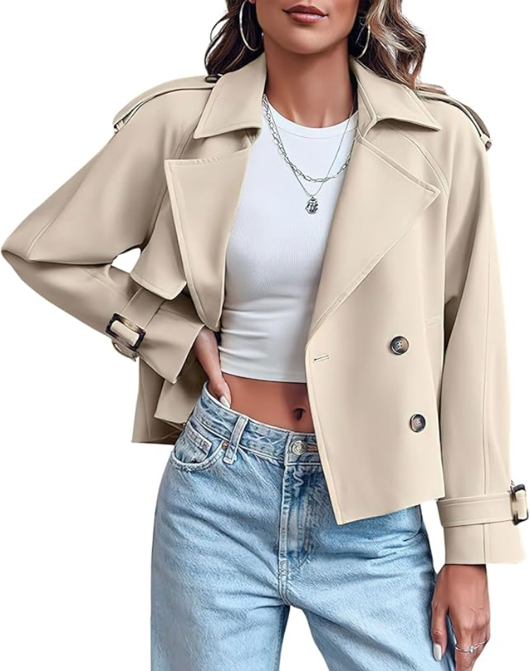 Beige Trench Coat for Women Short Classic with Belt and Button Closure