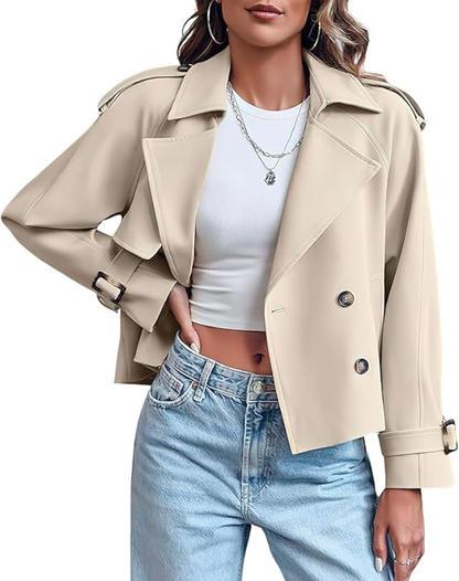 Beige Trench Coat for Women Short Classic with Belt and Button Closure