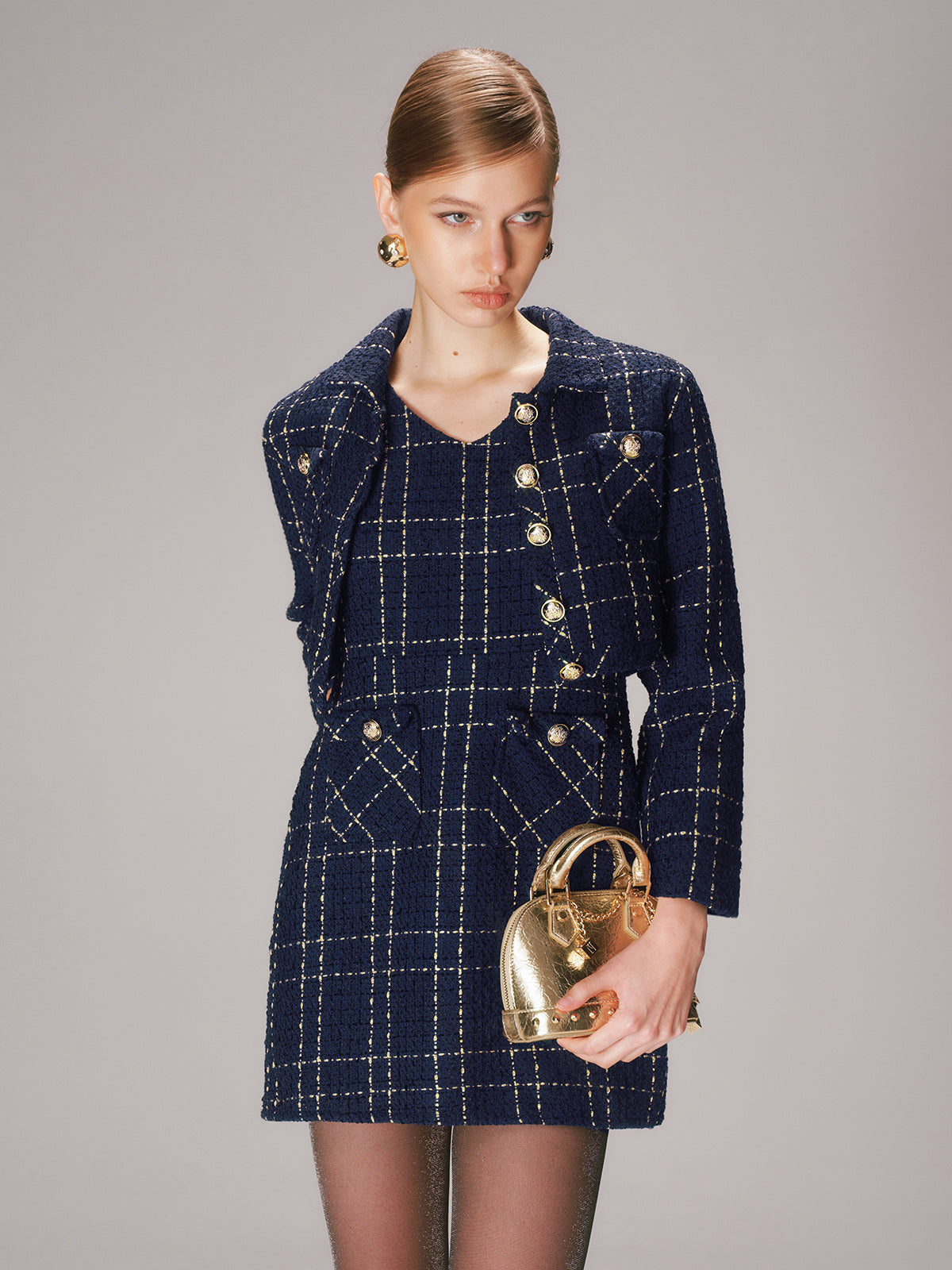 Chic Women's Tweed Set with Short Blazer and Mini Dress