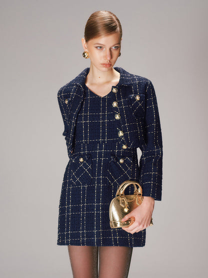 Chic Women's Tweed Set with Short Blazer and Mini Dress