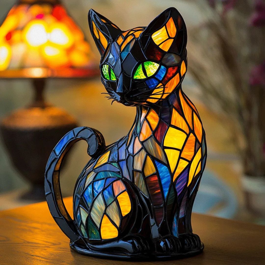 Candeeiro decorativo para gatos com design em mosaico e luz ambiente quente – Decoração elegante para a casa