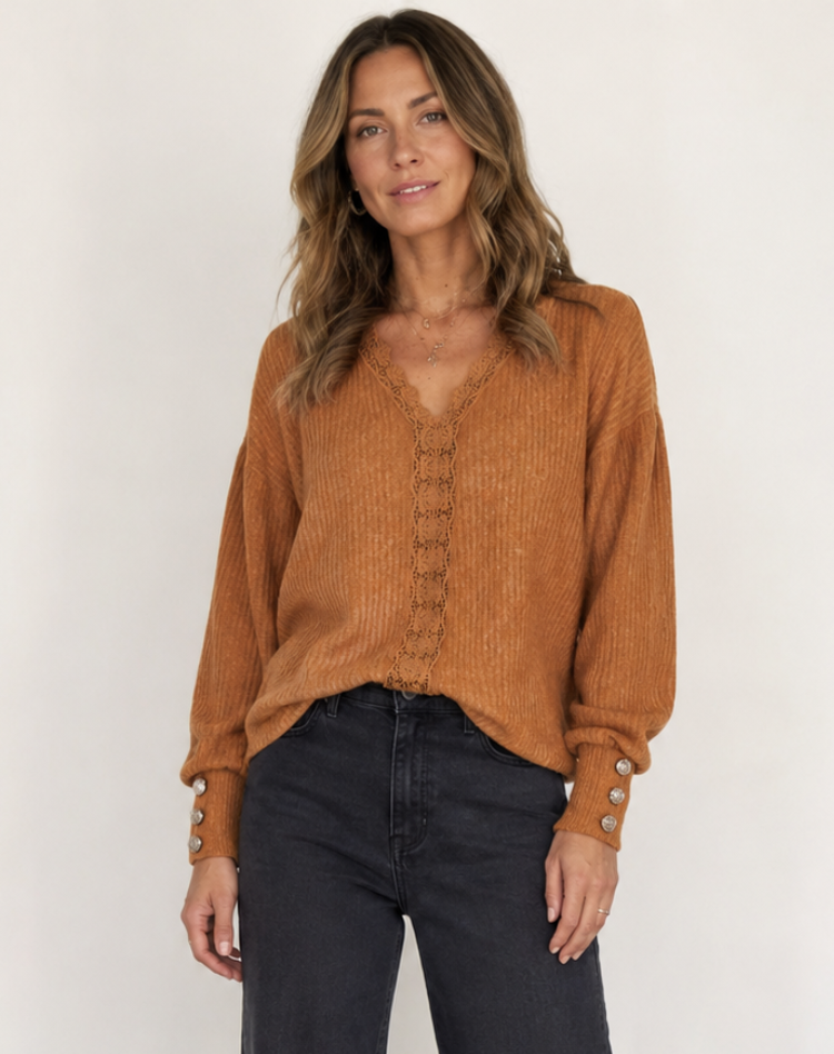 Blouse douce en maille à manches longues et col en V avec boutons, pour femme