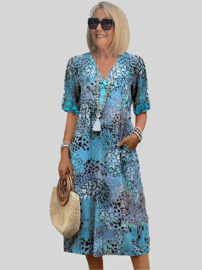 Vintage Print Dress with Lace and V-Neck