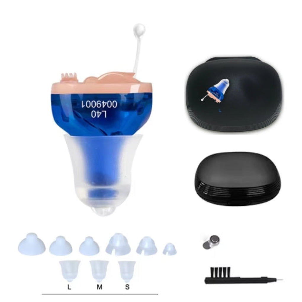 Invisible digital hearing aid, powered by a replaceable button cell battery