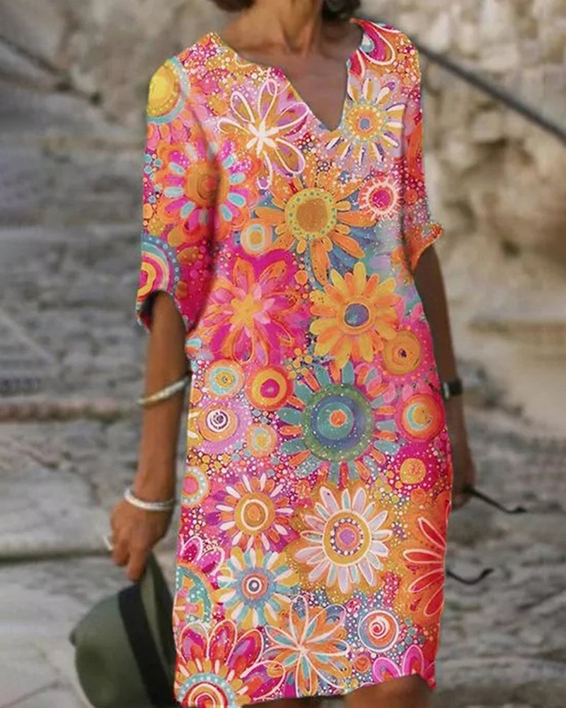 Joyful Floral Dress with Half Sleeves and V-Neckline - Bonita