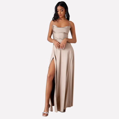 Maxi dress for women with an open back and high side slit.