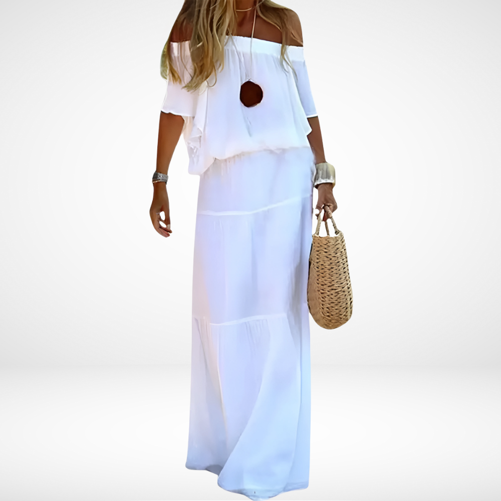 Elegantes weißes Maxikleid für den Strand mit schulterfreiem Design