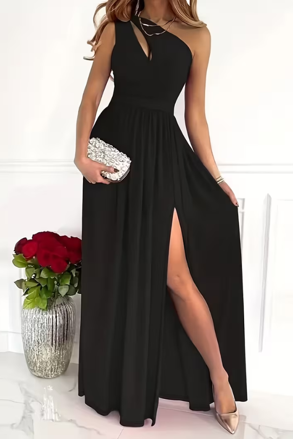 Ladies' Elegant Maxi Dress with One Shoulder Neckline and Split
