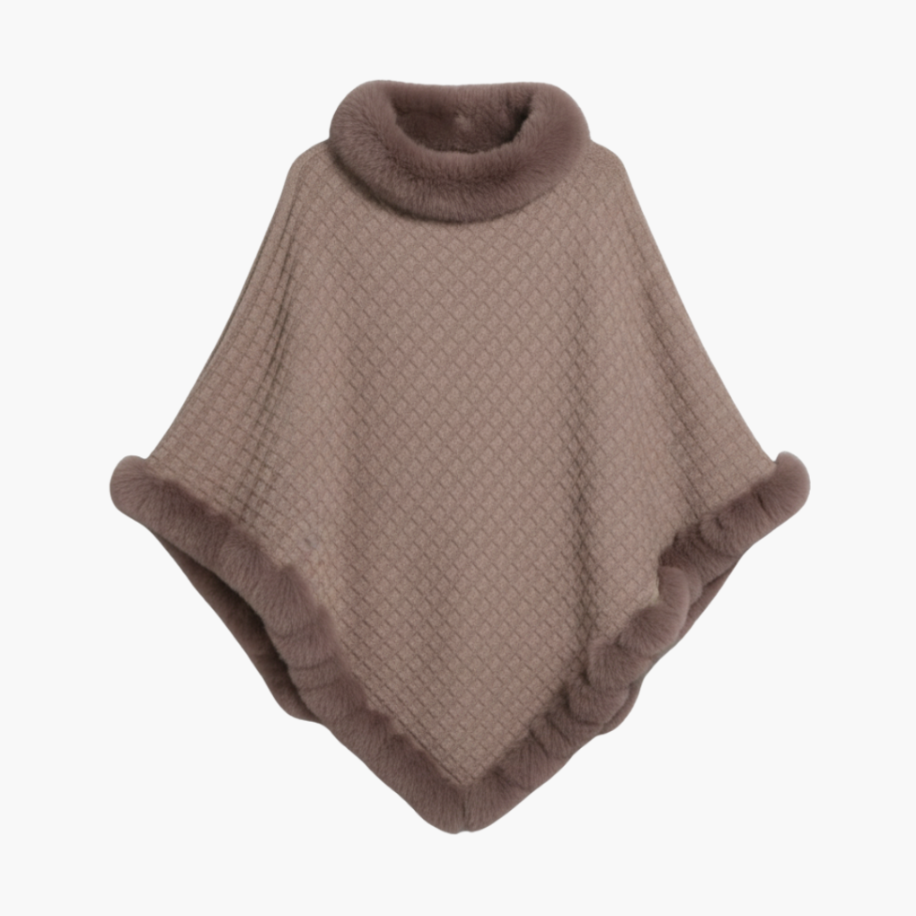 Poncho da donna in maglia con bordo in pelliccia sintetica e vestibilità oversize