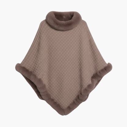 Poncho da donna in maglia con bordo in pelliccia sintetica e vestibilità oversize