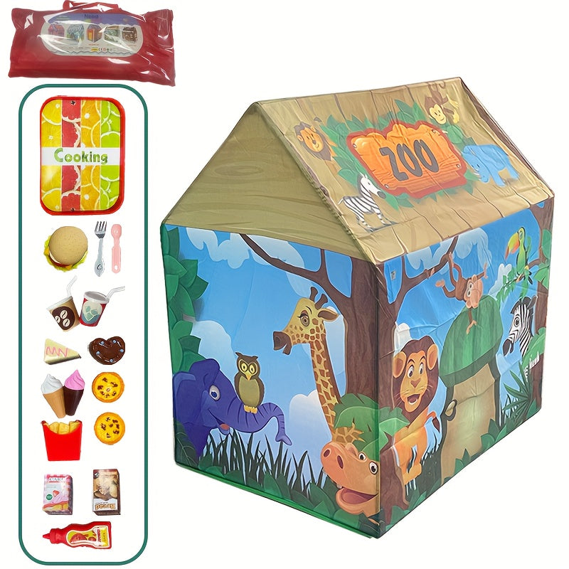 Safari Jungle Play Tent - Animal Themed Playhouse with Burger Set Toy