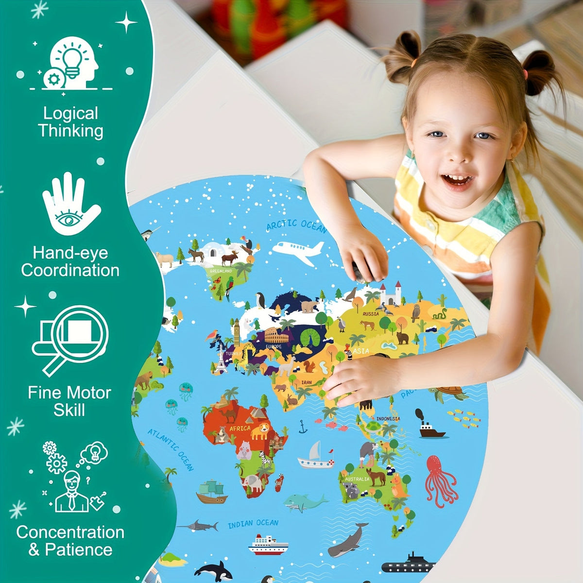 Rompecabezas de suelo de 70 piezas con animales – Diseño de mapa del mundo redondo para niños