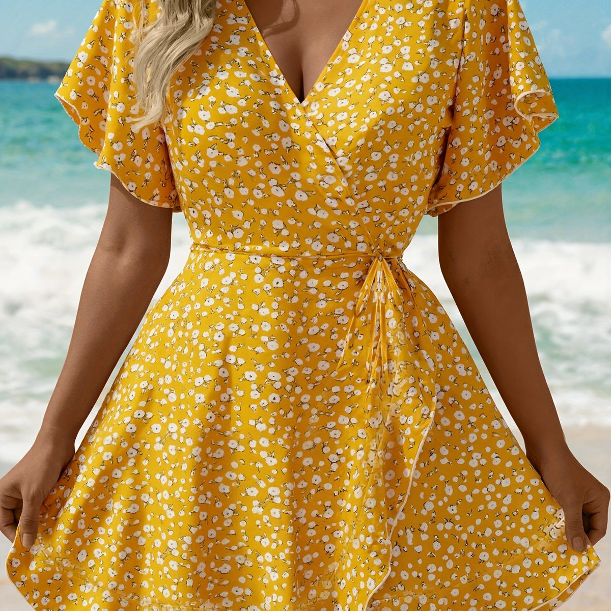 Leichtes Sommerkleid für Damen mit Blumenmuster und elegantem Wickeldesign