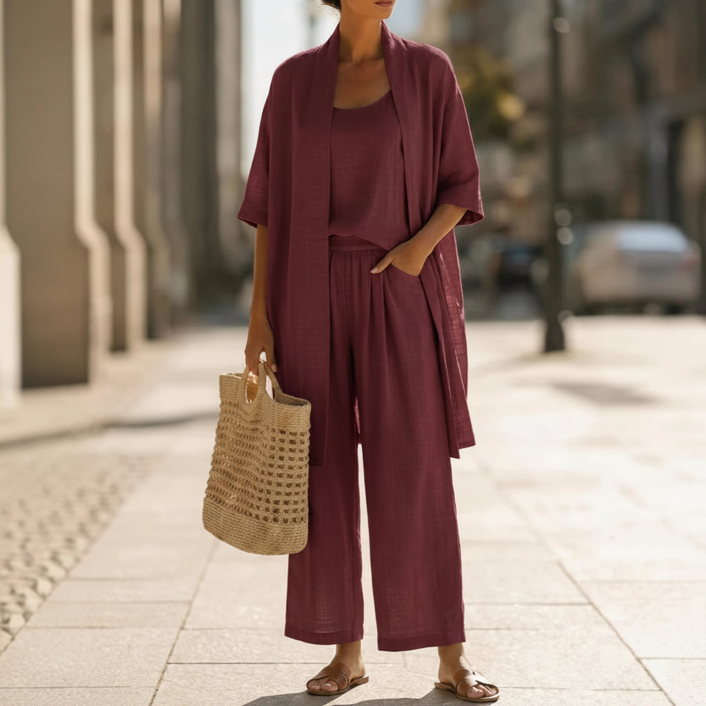Set da donna con cardigan, canotta e pantaloni a gamba dritta
