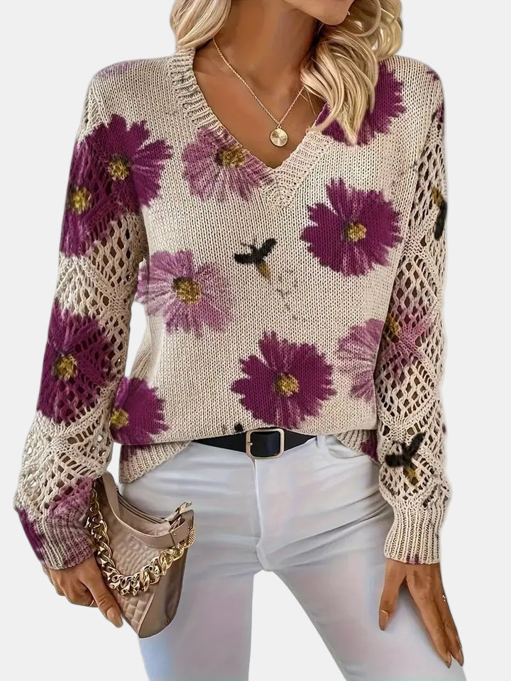 Ladies' Knitted Jumper with Floral Print and V-Neck