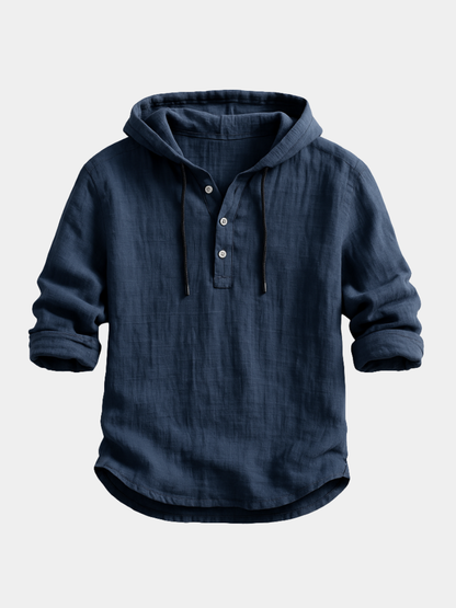 Camicia di lino da uomo con cappuccio, fresca e comoda, dallo stile casual