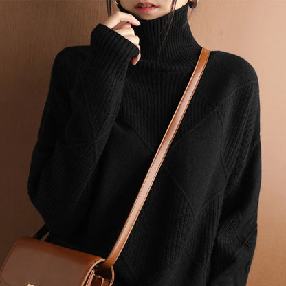 Autumn Knitted Roll Neck with Check Pattern Warm and Soft for Women