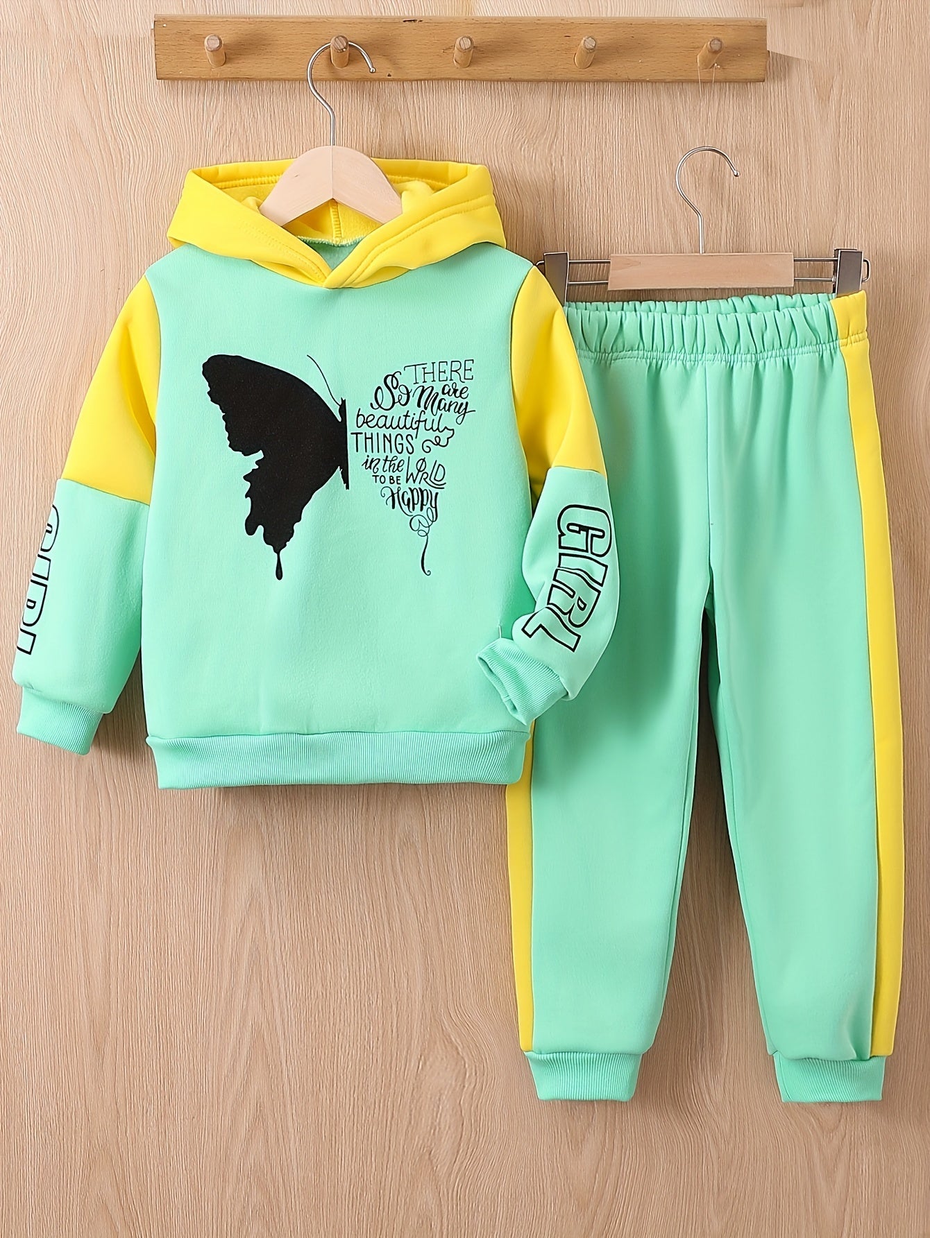 2-piece girls fleece sweater with hood and butterfly print pants - Angel