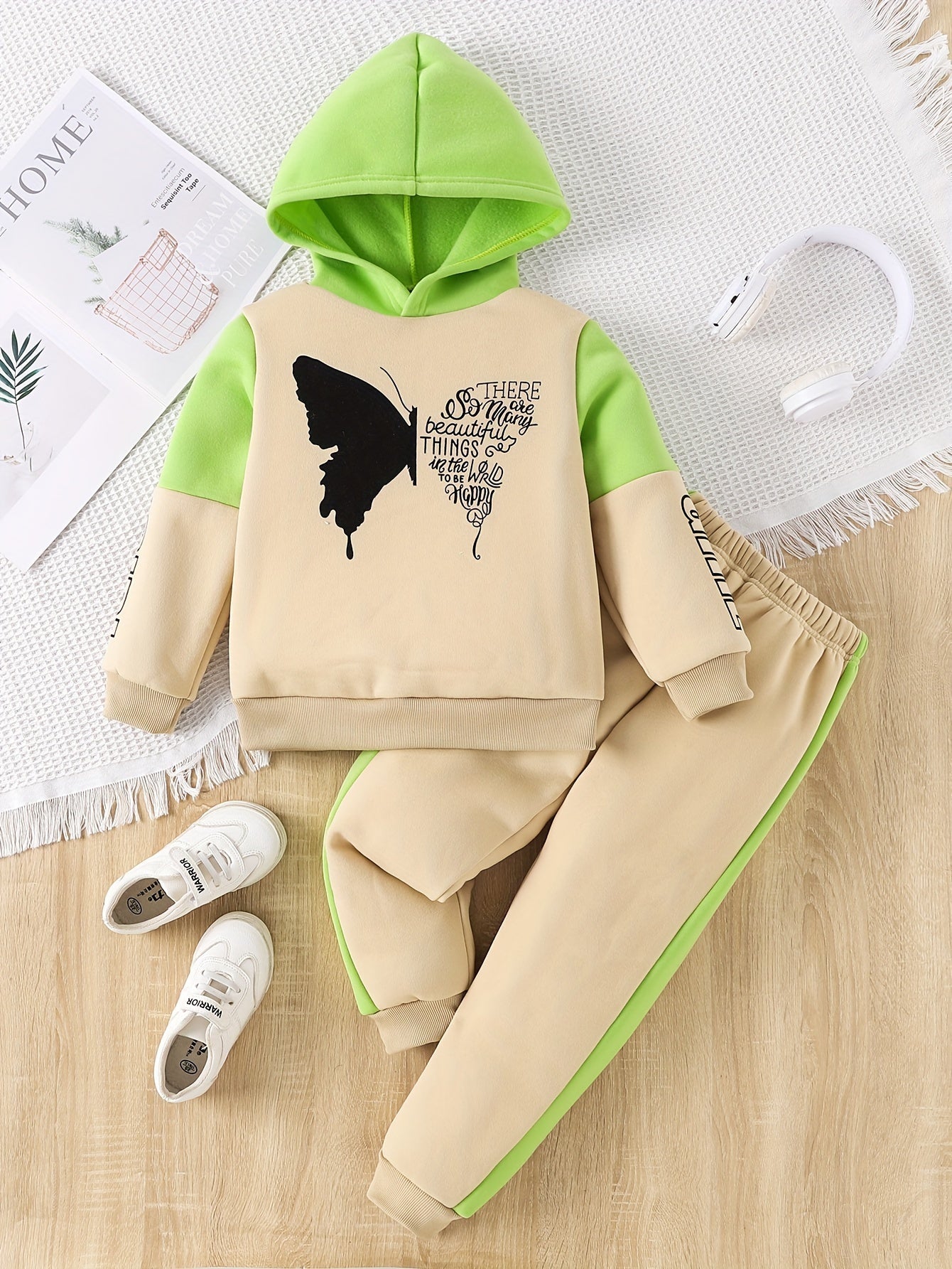 2-piece girls fleece sweater with hood and butterfly print pants - Angel