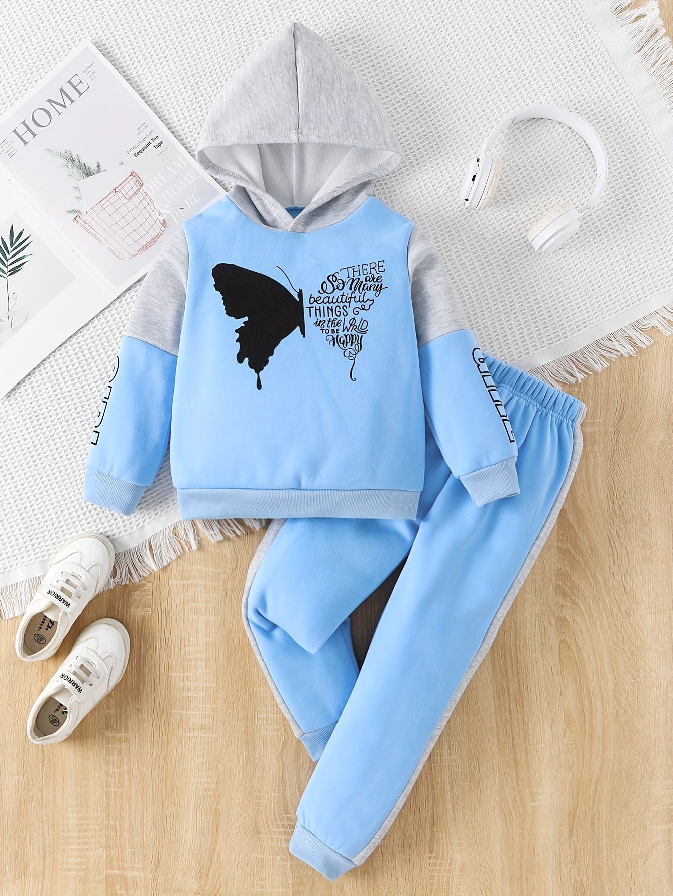 2-piece girls fleece sweater with hood and butterfly print pants - Angel