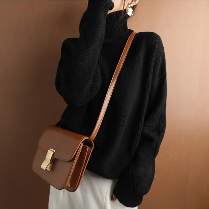 Autumn Knitted Roll Neck with Check Pattern Warm and Soft for Women