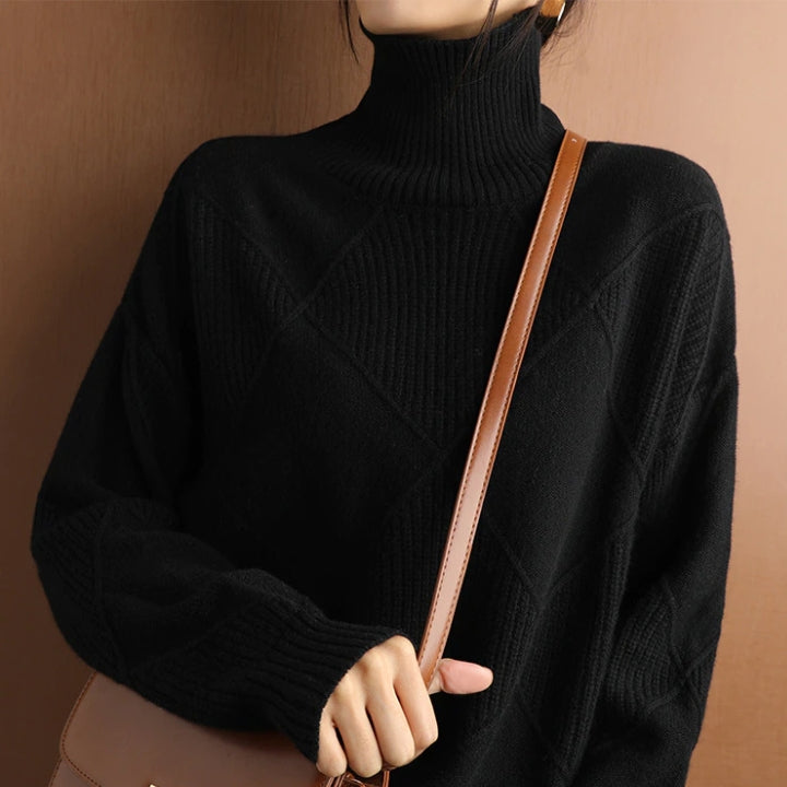 Autumn Knitted Roll Neck with Check Pattern Warm and Soft for Women
