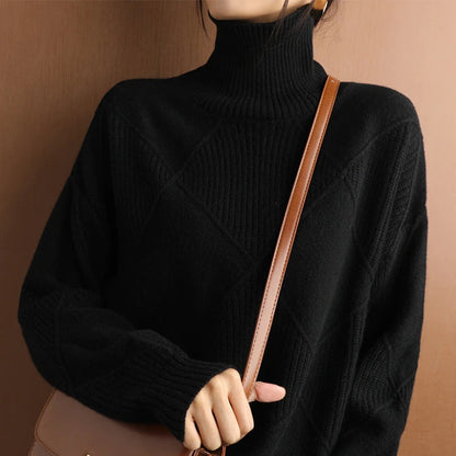 Autumn Knitted Roll Neck with Check Pattern Warm and Soft for Women