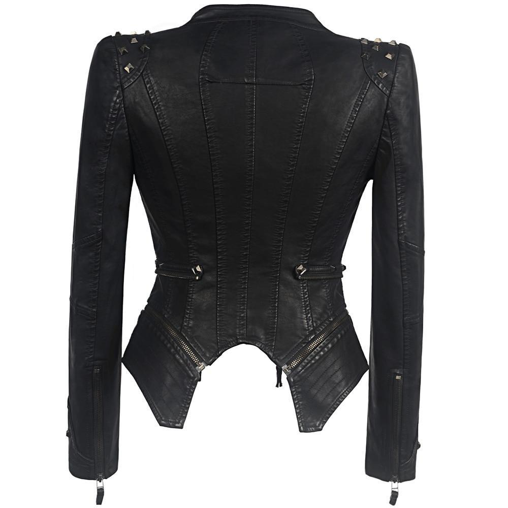 Veste de motard ajustée en cuir noir pour femme, avec fermeture éclair et clous