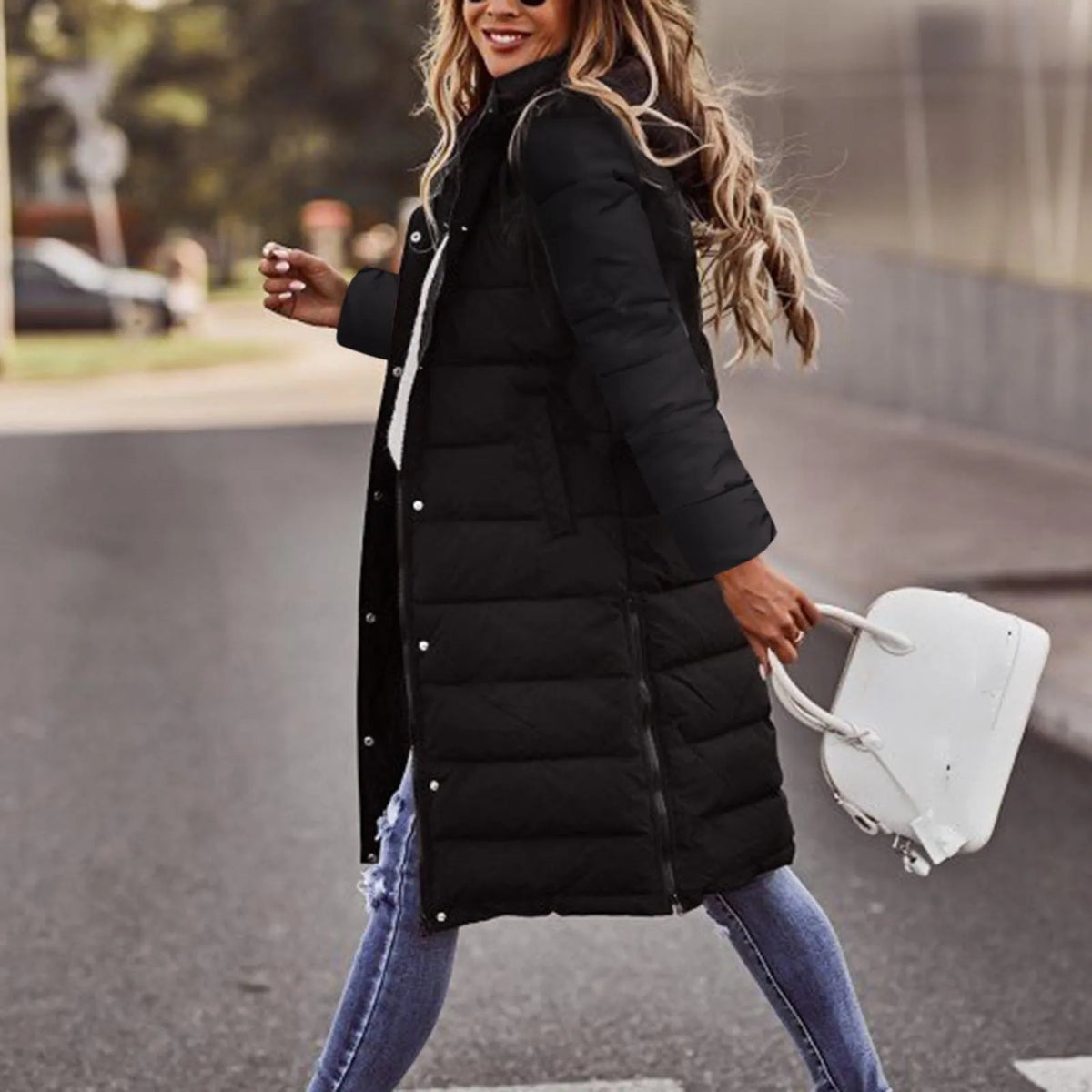 Women's Warm Padded Long Puffer Jacket with Hood