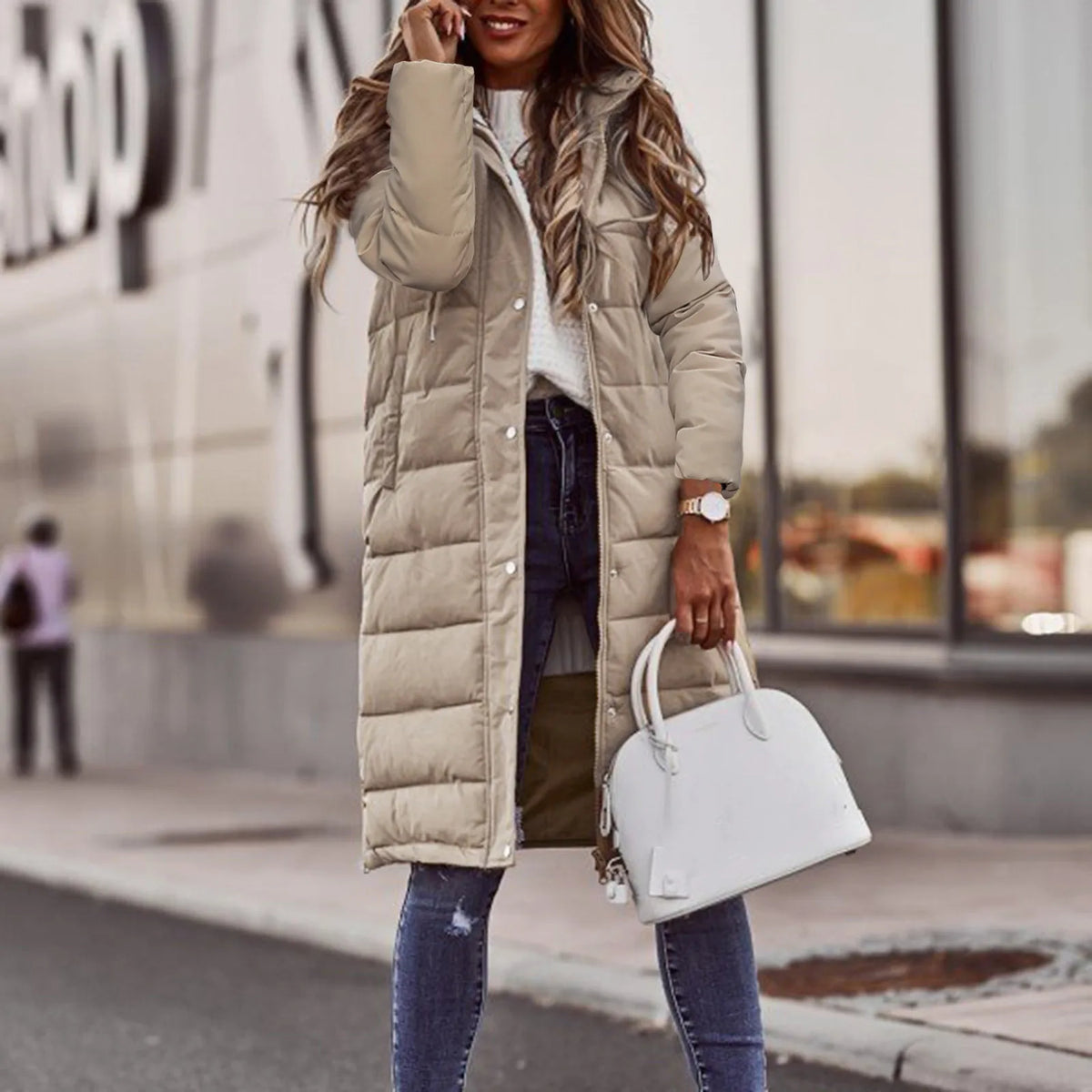 Women's Warm Padded Long Puffer Jacket with Hood