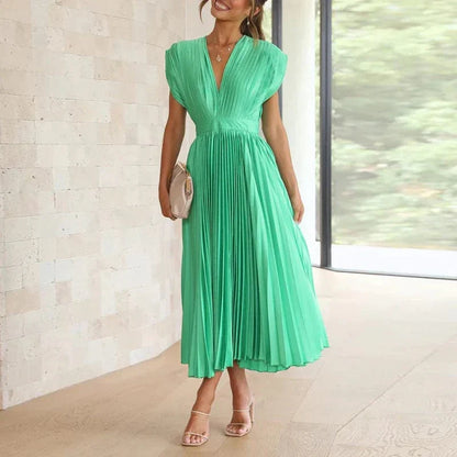 Robe longue plissée à col en V – Adele