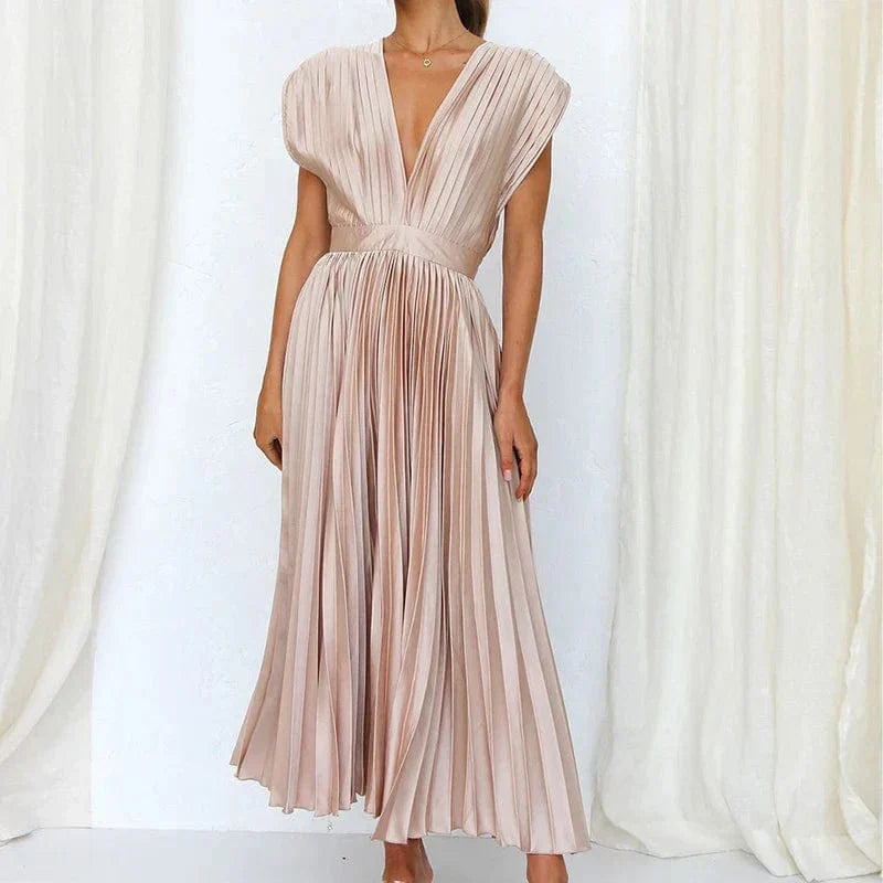 Robe longue plissée à col en V – Adele