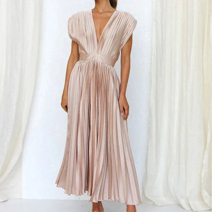 Robe longue plissée à col en V – Adele