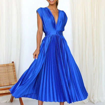 Robe longue plissée à col en V – Adele