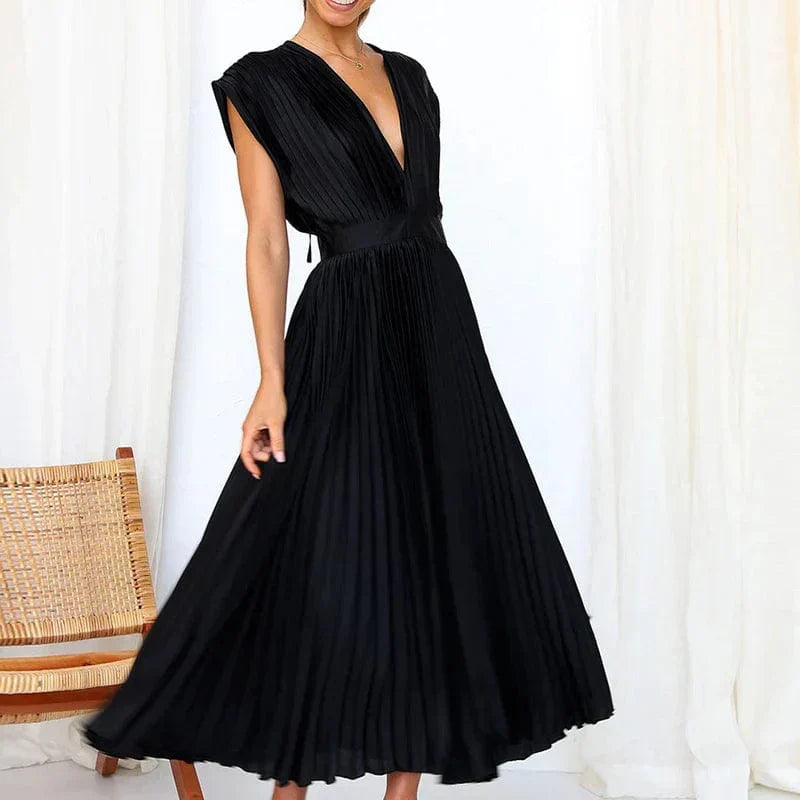Robe longue plissée à col en V – Adele