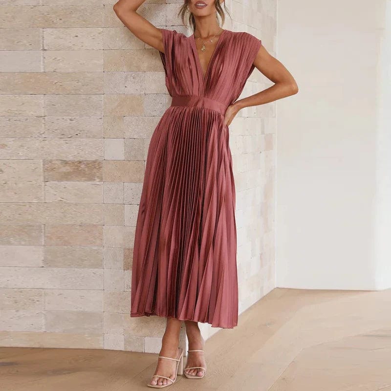 Robe longue plissée à col en V – Adele