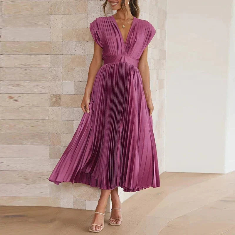 Robe longue plissée à col en V – Adele