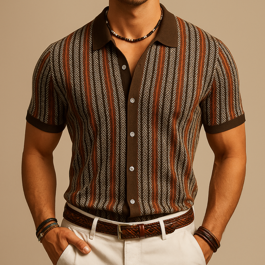 Camicia da uomo a maniche corte con motivo a spina di pesce, per uno stile casual