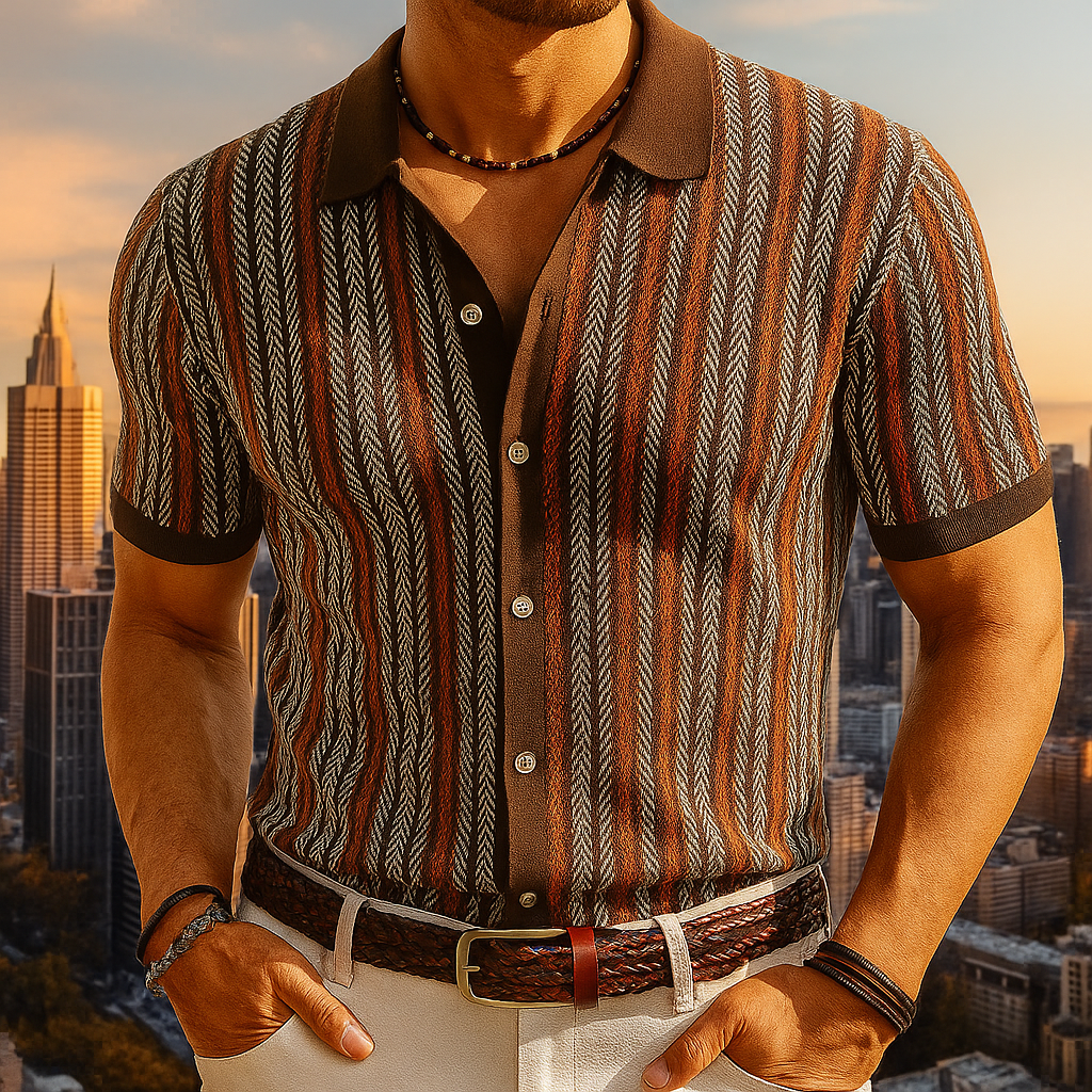 Camicia da uomo a maniche corte con motivo a spina di pesce, per uno stile casual