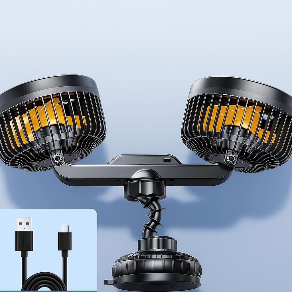 Dual Head Car Fan with Suction Cup and Battery