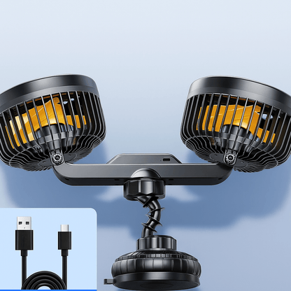 Dual Head Car Fan with Suction Cup and Battery